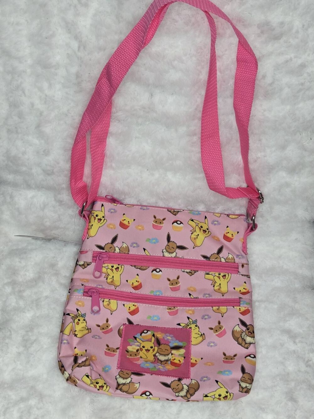Pokémon Pikachu/Eevee Pink Small Crossbody Bag Zip Closure, Adjustable Strap#101